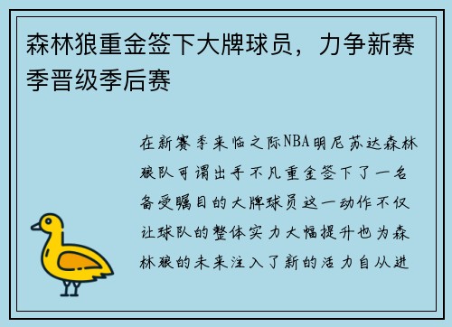 森林狼重金签下大牌球员，力争新赛季晋级季后赛
