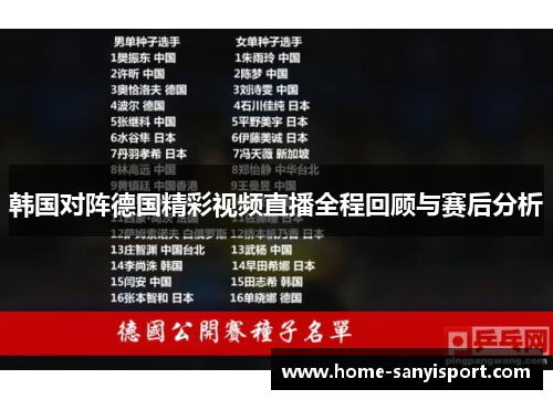 韩国对阵德国精彩视频直播全程回顾与赛后分析